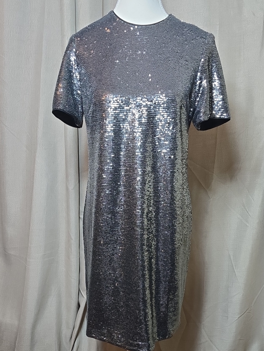 Lauren Ralph Lauren Silver Pewter Sequin Short Sleeve Shift Dress